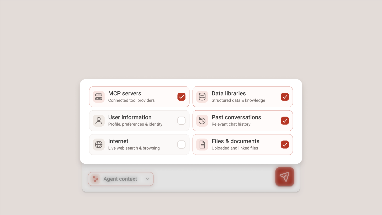 Auswahl des Agentenkontexts mit Datenbibliotheken, Dokumenten, Gesprächen und angebundenen Werkzeugen